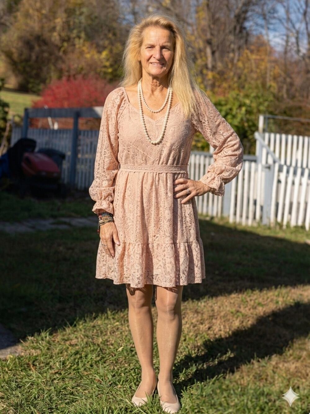Apricot / Peach lace dress long sleeve romantic XL midi (268)